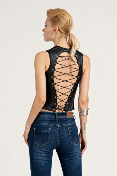 3 Leather Backless Lace-Up Top TV0029